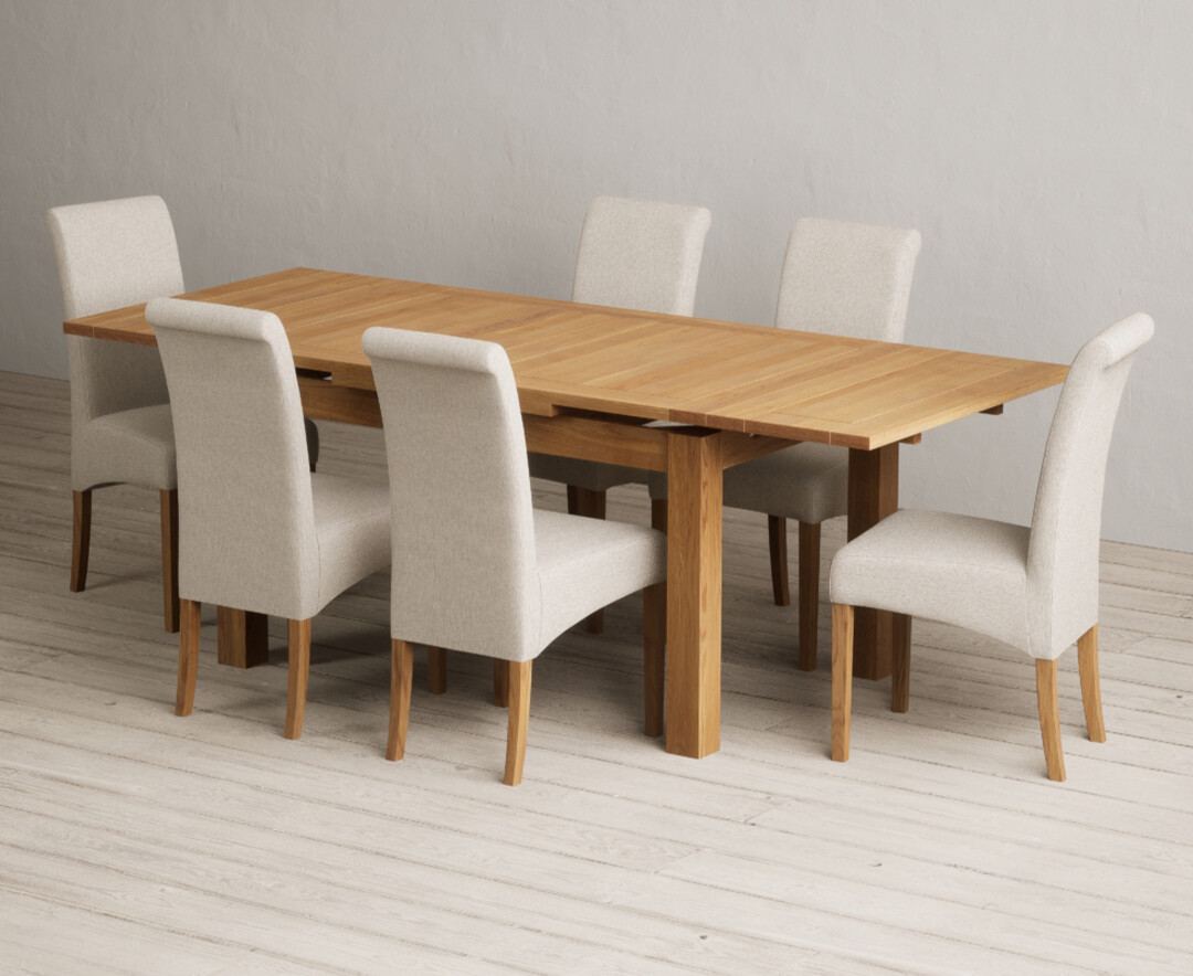 Photo 3 of Extending buxton 140cm solid oak dining table with 6 blue chairs