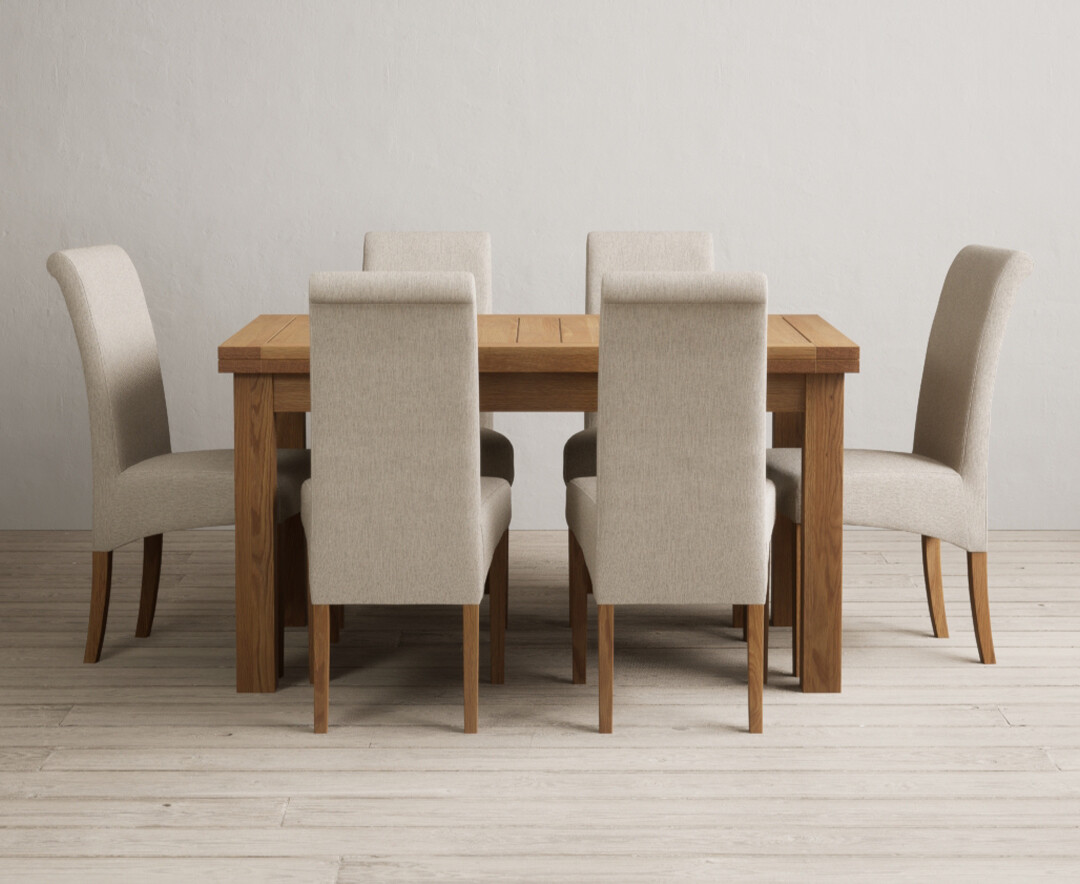 Photo 1 of Extending buxton 140cm solid oak dining table with 6 blue chairs