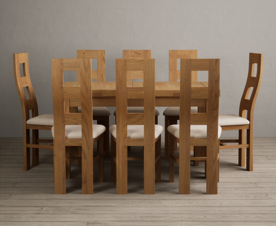 Extending Buxton 140cm Solid Oak Dining Table With 10 Blue Flow Back Chairs