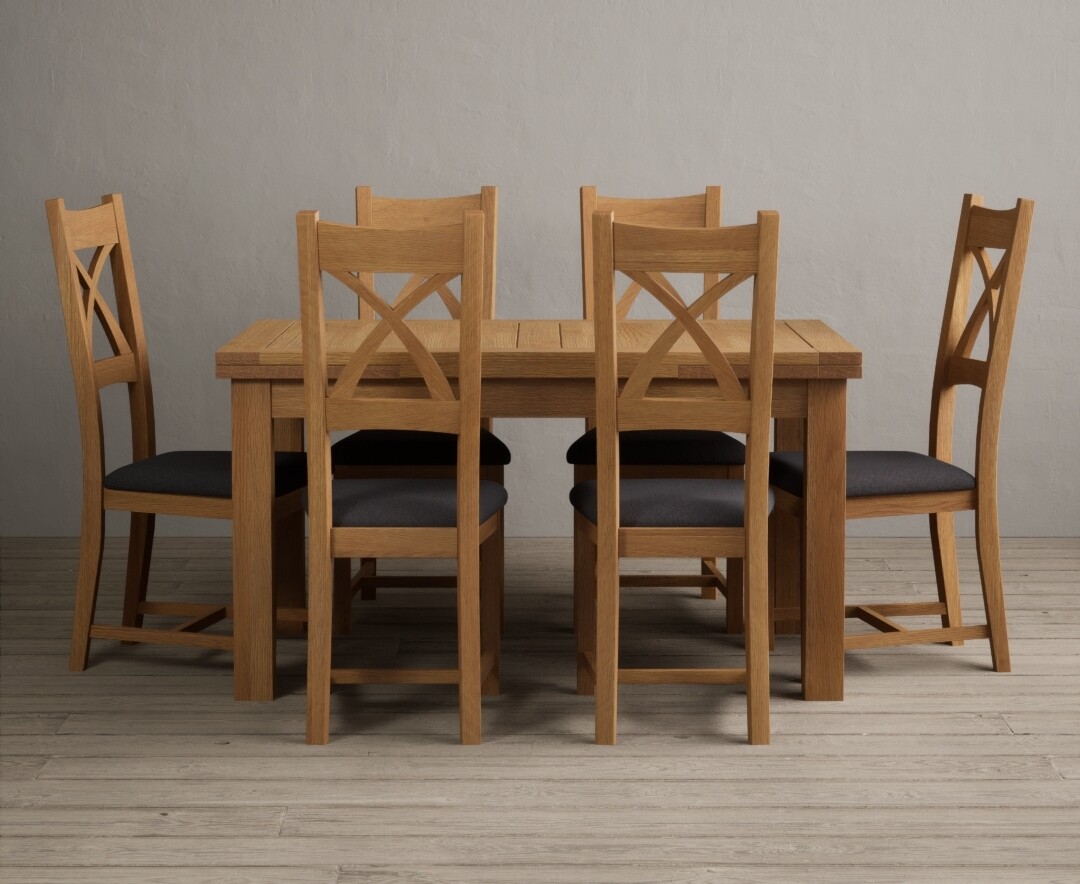 Product photograph of Extending Buxton 140cm Solid Oak Dining Table With 6 Charcoal Grey X Back Chairs from Oak Furniture Superstore