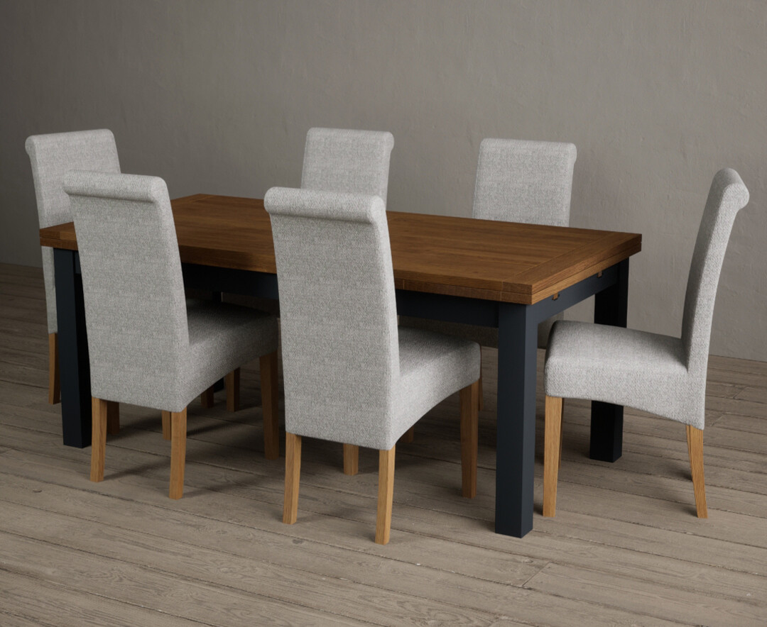 Photo 1 of Extending buxton 180cm oak and dark blue painted dining table with 10 natural chairs