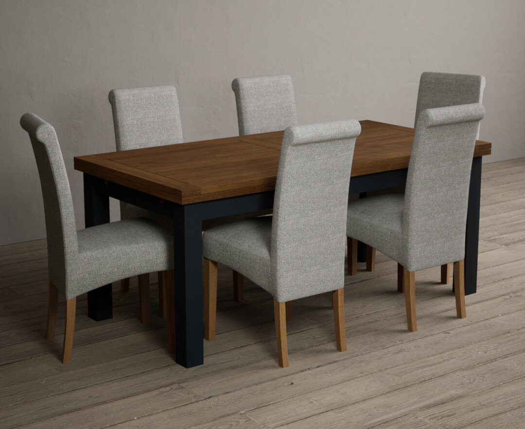 Product photograph of Extending Buxton 180cm Oak And Dark Blue Dining Table With 6 Brown Scroll Back Chairs from Oak Furniture Superstore