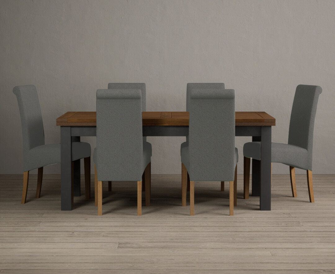 Photo 1 of Extending buxton 180cm oak and charcoal grey painted dining table with 8 blue chairs
