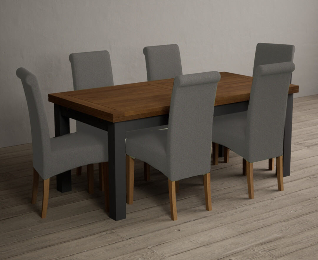 Product photograph of Extending Buxton 180cm Oak And Charcoal Grey Dining Table With 8 Blue Scroll Back Chairs from Oak Furniture Superstore