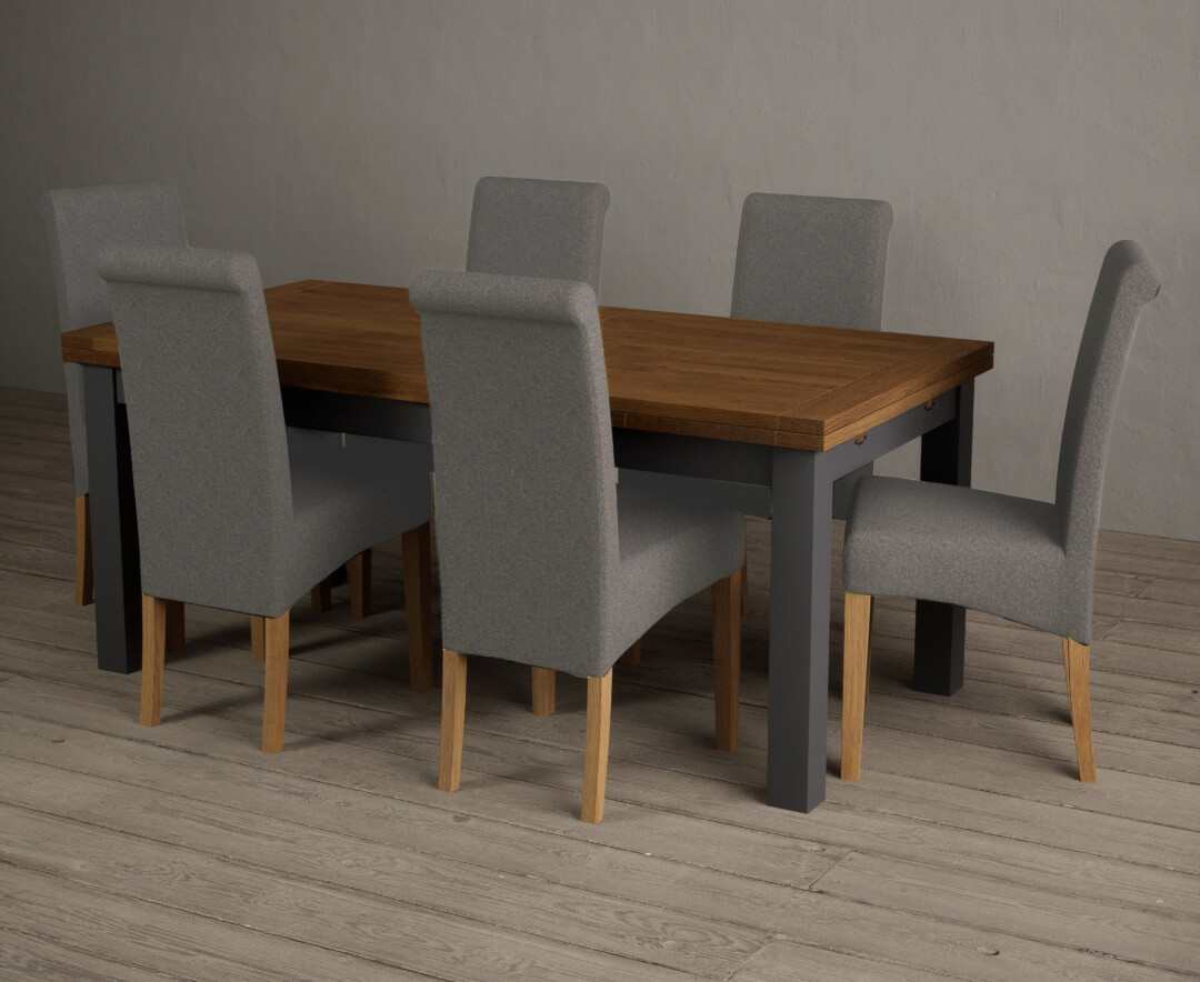Photo 2 of Extending buxton 180cm oak and charcoal grey dining table with 10 charcoal grey scroll back chairs