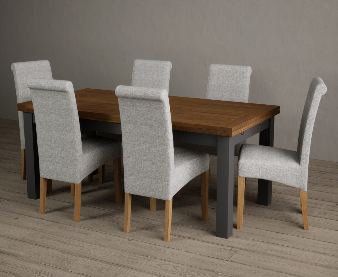 Photo 2 of Extending buxton 180cm oak and charcoal grey dining table with 12 natural scroll back chairs