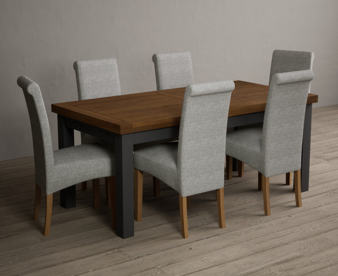 Product photograph of Extending Buxton 180cm Oak And Charcoal Grey Dining Table With 6 Grey Scroll Back Chairs from Oak Furniture Superstore