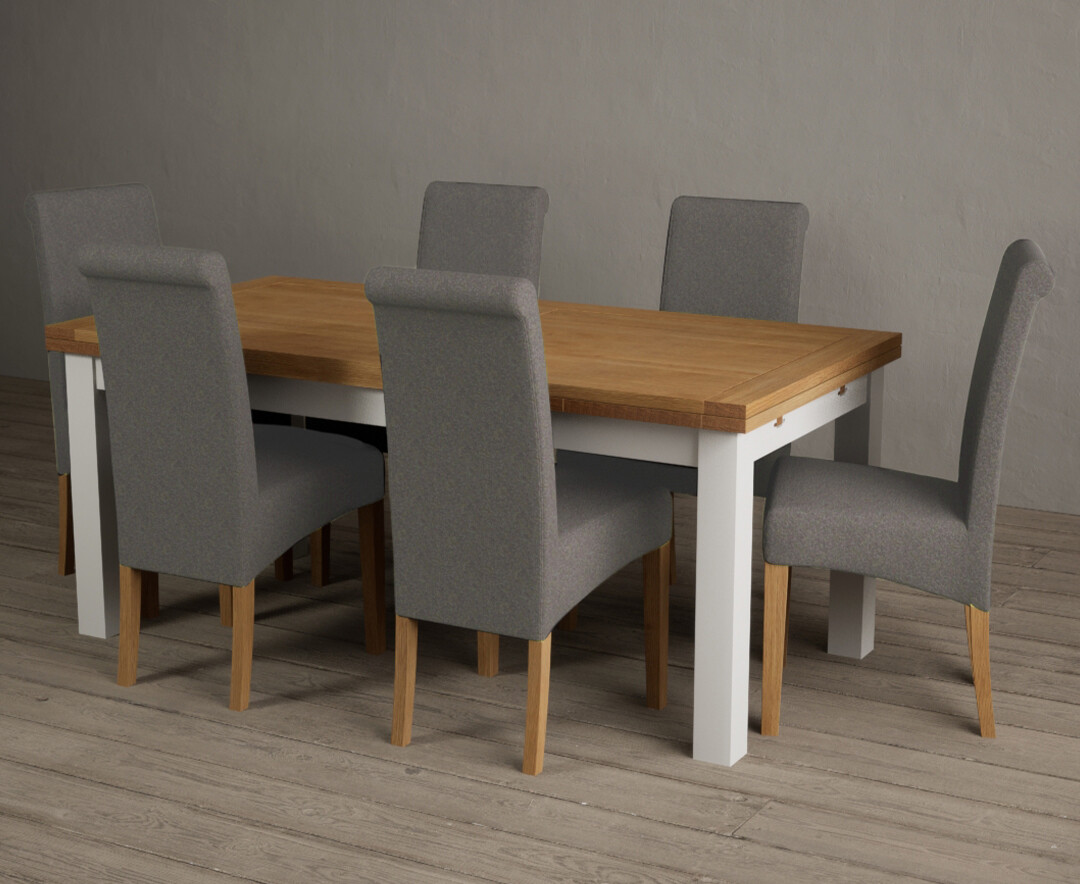 Product photograph of Extending Buxton 180cm Oak And Signal White Dining Table With 6 Brown Scroll Back Chairs from Oak Furniture Superstore