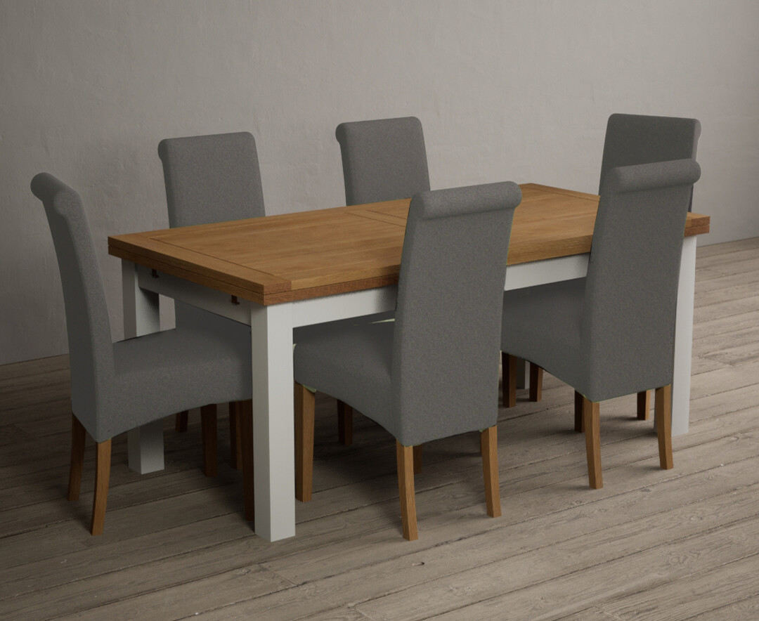Photo 1 of Extending buxton 180cm oak and signal white dining table with 12 brown scroll back chairs