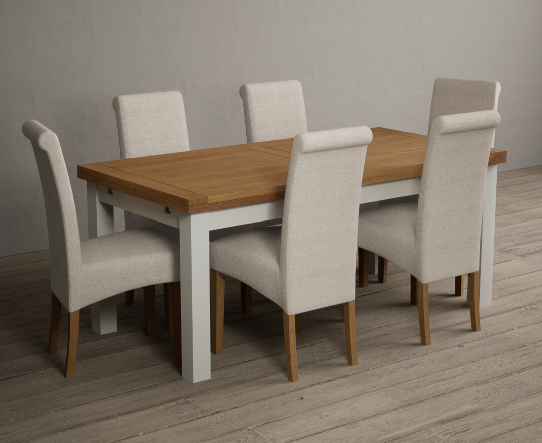 Product photograph of Extending Buxton 180cm Oak And Signal White Dining Table With 12 Grey Scroll Back Chairs from Oak Furniture Superstore