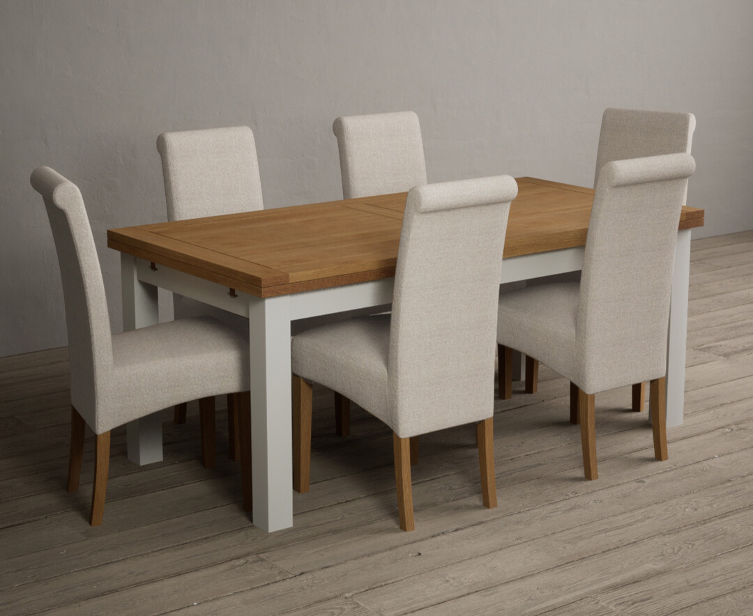 Extending Buxton 180cm Oak And Signal White Painted Dining Table With 6 Brown Scroll Back Chairs