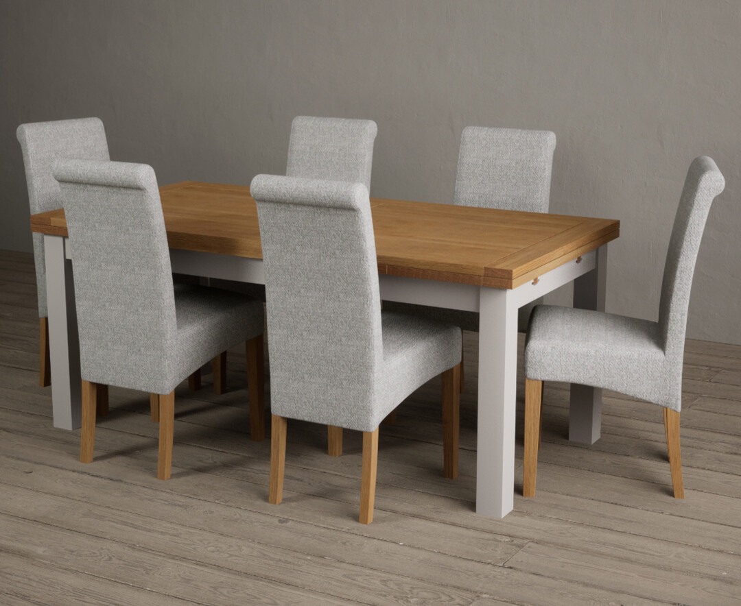 Product photograph of Extending Buxton 180cm Oak And Soft White Painted Dining Table With 6 Grey Scroll Back Chairs from Oak Furniture Superstore