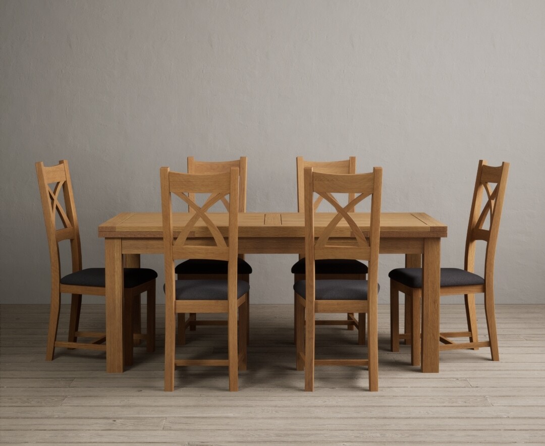 Product photograph of Extending Buxton 180cm Solid Oak Dining Table With 6 Linen X Back Chairs from Oak Furniture Superstore