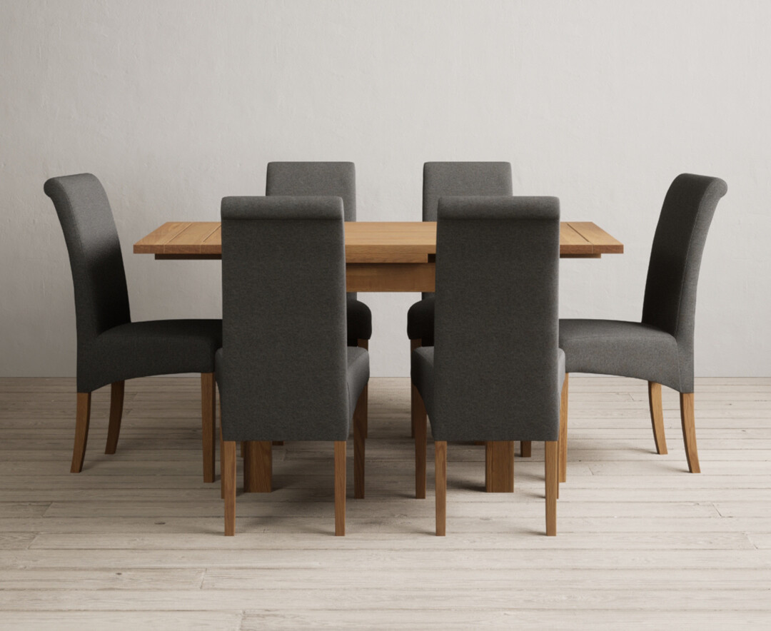 Extending Buxton 90cm Solid Oak Dining Table With 6 Blue Scroll Back Chairs