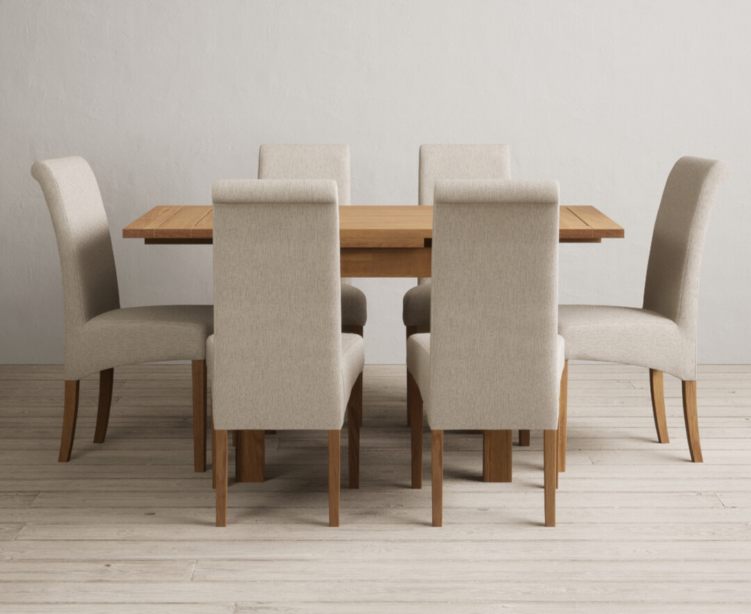 Extending Buxton 90cm Solid Oak Dining Table With 4 Blue Scroll Back Chairs