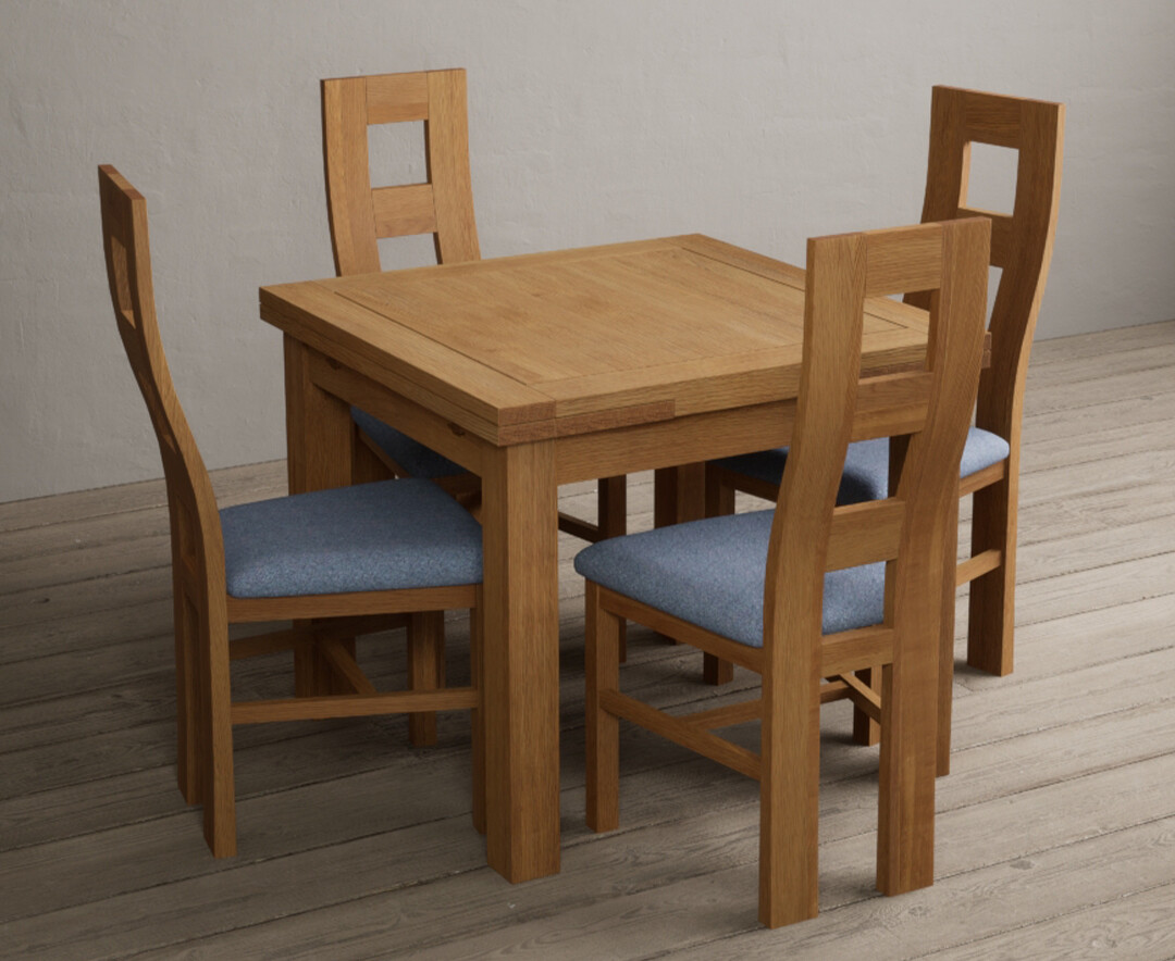 Photo 1 of Extending buxton 90cm solid oak dining table with 6 blue flow back chairs
