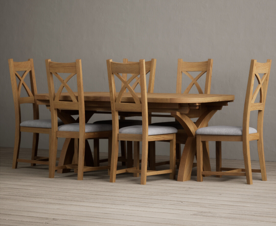 Atlas 180cm Solid Oak Extending Dining Table With 10 Light Grey Natural Solid Oak X Back Chairs