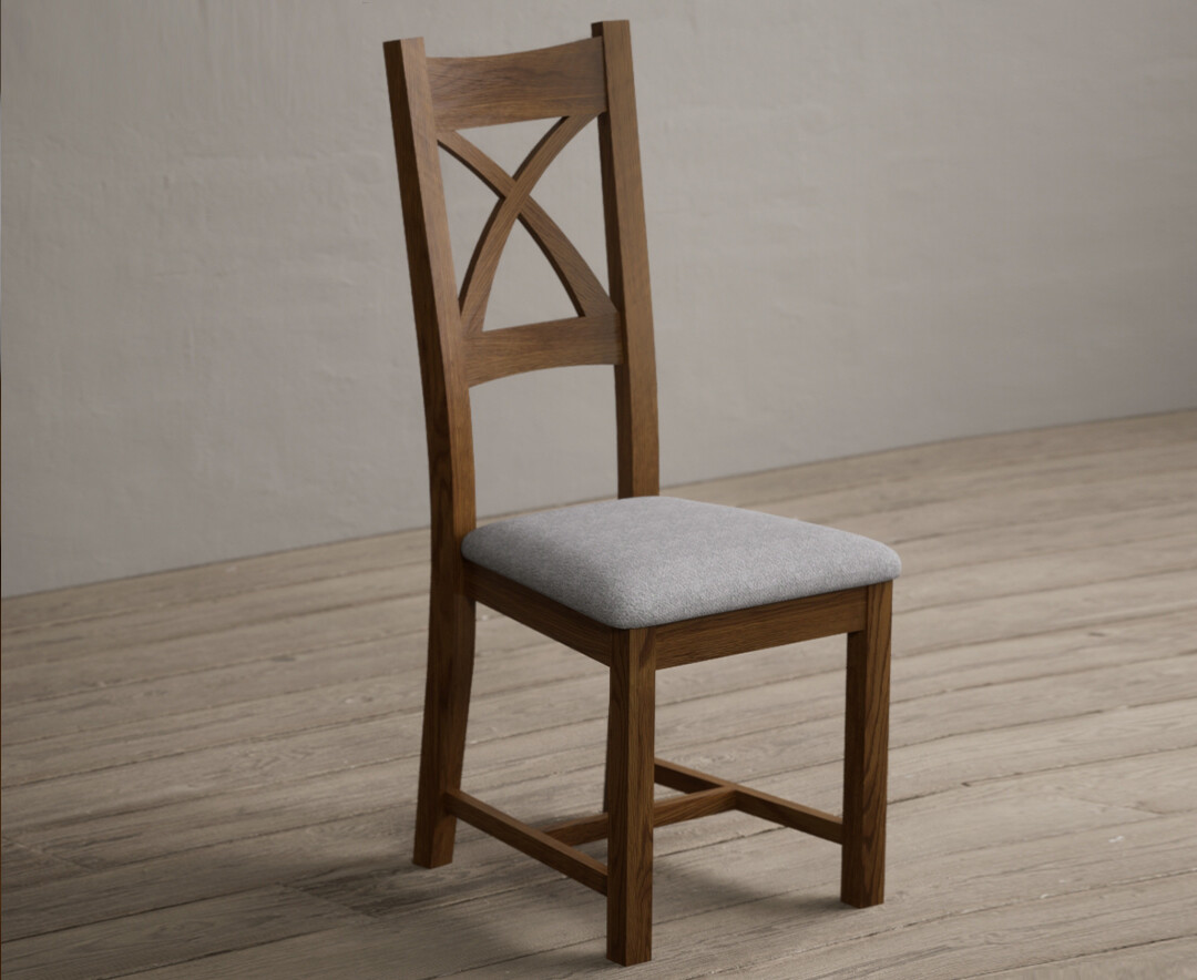 Photo 3 of Rustic solid oak x back dining chairs with light grey fabric seat pad