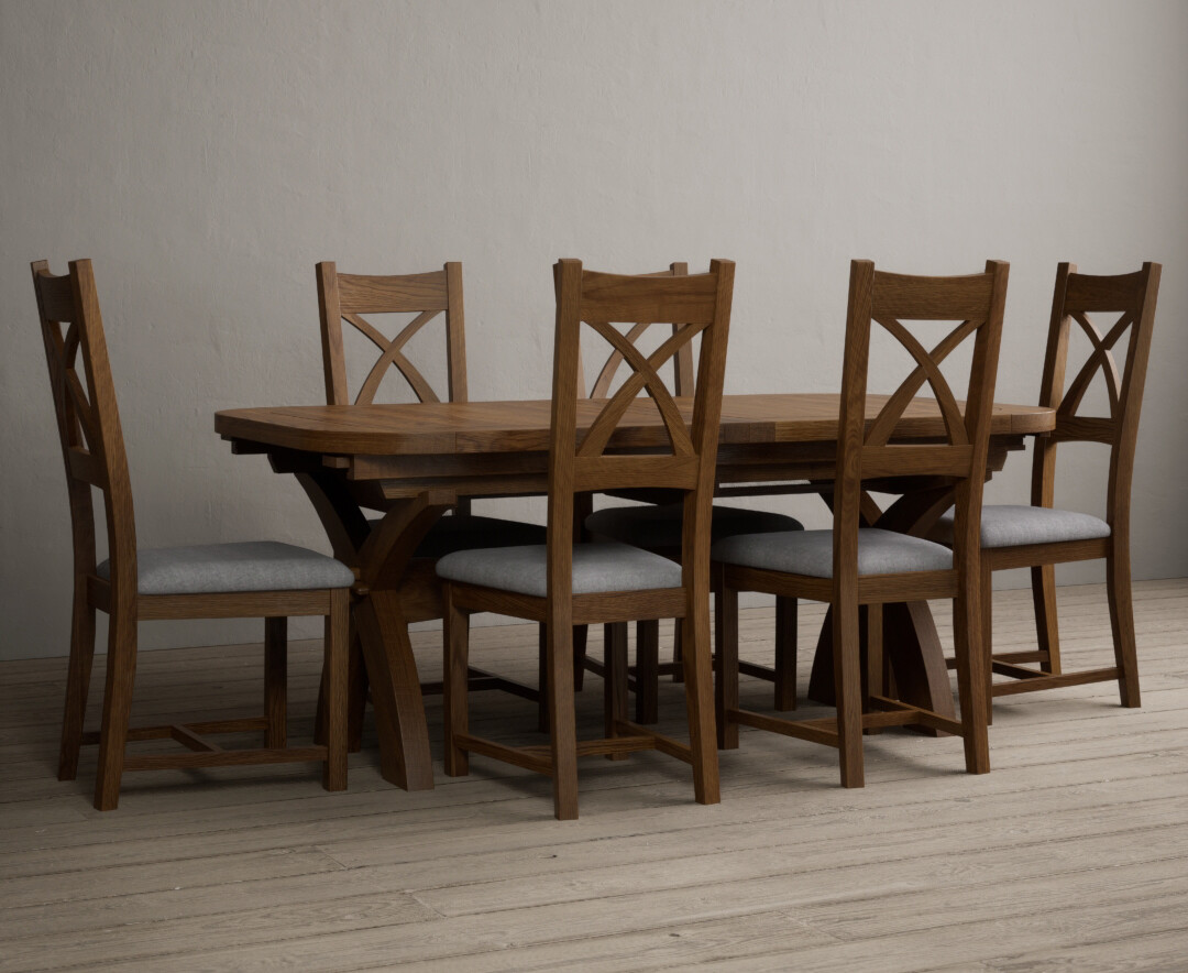 Atlas 180cm Rustic Solid Oak Extending Dining Table With 10 Light Grey Rustic Solid Oak X Back Chairs