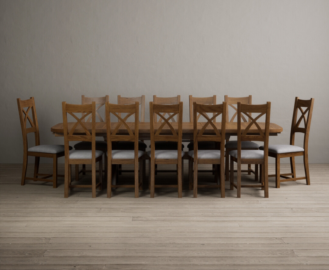 Product photograph of Extending Olympia 180cm Rustic Solid Oak Dining Table With 12 Charcoal Grey Rustic Solid Oak Chairs from Oak Furniture Superstore