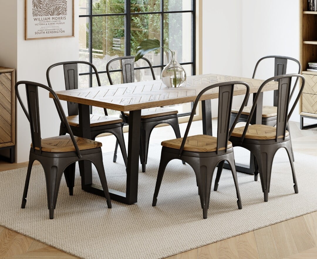 Product photograph of Herringbone 190cm Solid Oak And Metal Dining Table With 6 Oak Herringbone Chairs from Oak Furniture Superstore