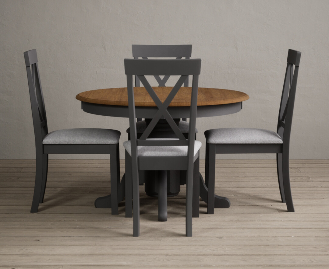 Photo 2 of Extending hertford 100cm - 130cm oak and charcoal grey painted pedestal dining table with 4 blue hertford chairs