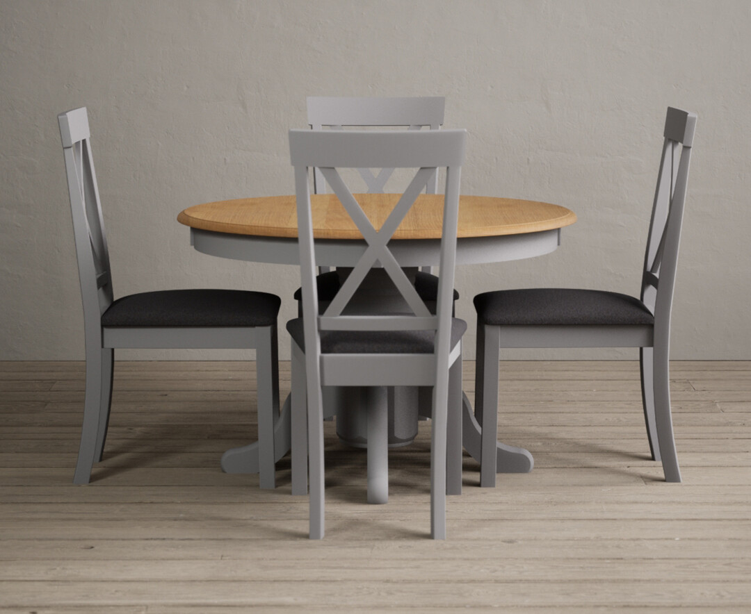 Photo 1 of Extending hertford 100cm - 130cm oak and light grey painted pedestal dining table with 4 linen hertford chairs