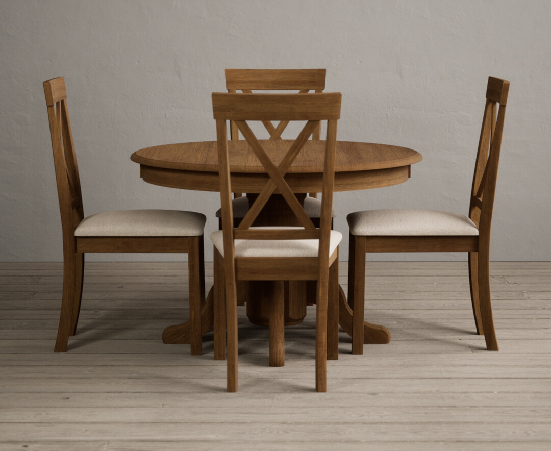 Hertford Rustic Oak Pedestal Extending Dining Table With 4 Light Grey Hertford Chairs