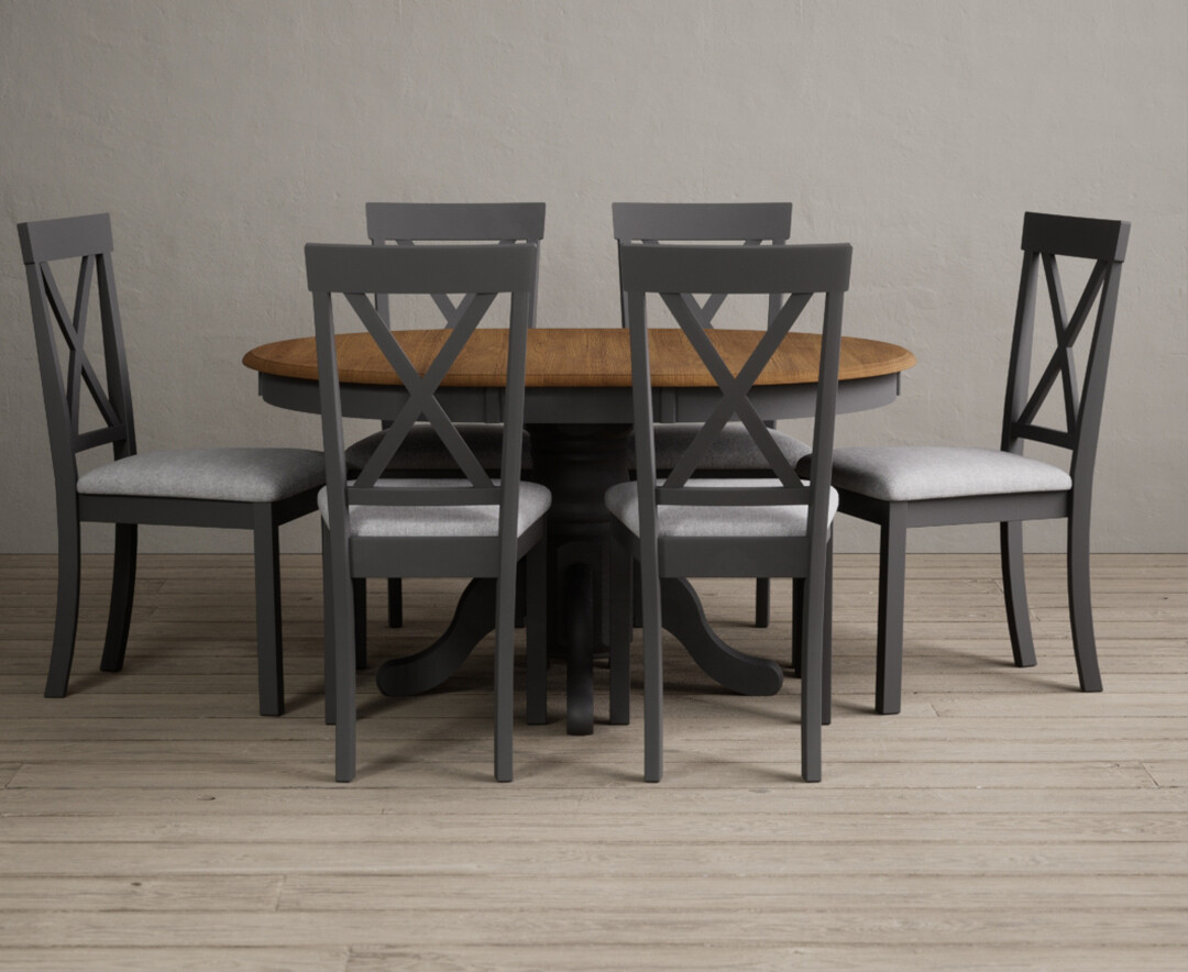 Hertford Oak And Charcoal Grey Painted Pedestal Extending Dining Table With 6 Linen Hertford Chairs