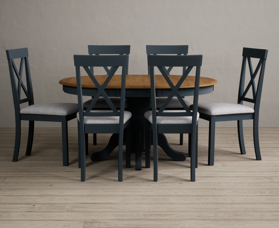 Product photograph of Hertford Oak And Dark Blue Painted Pedestal Extending Dining Table With 6 Linen Hertford Chairs from Oak Furniture Superstore