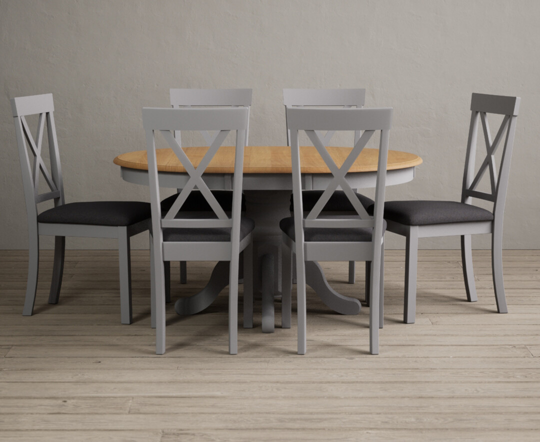 Hertford Oak And Light Grey Painted Pedestal Extending Dining Table With 6 Oak Hertford Chairs
