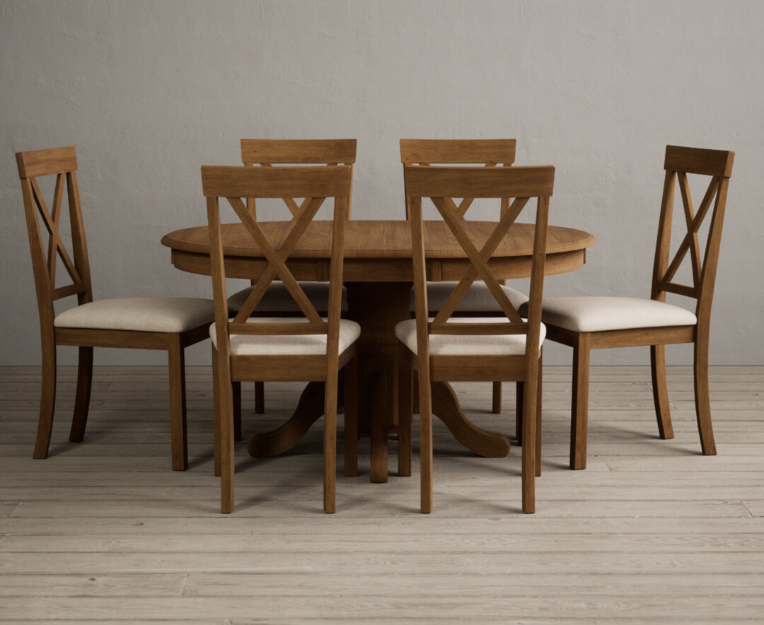 Hertford Rustic Oak Pedestal Extending Dining Table With 6 Blue Hertford Chairs