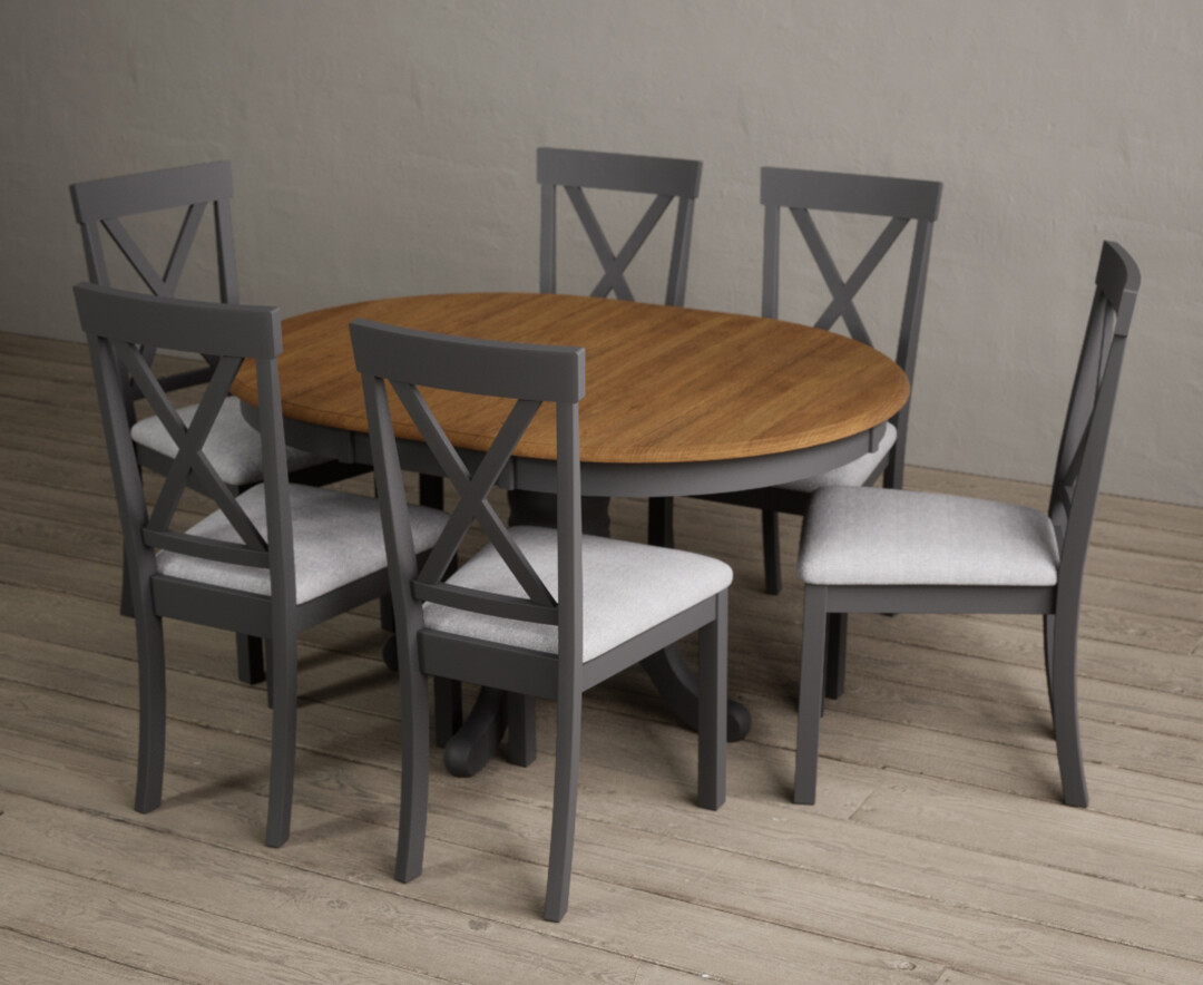 Photo 1 of Extending hertford 100cm - 130cm oak and charcoal grey painted pedestal dining table with 4 brown hertford chairs