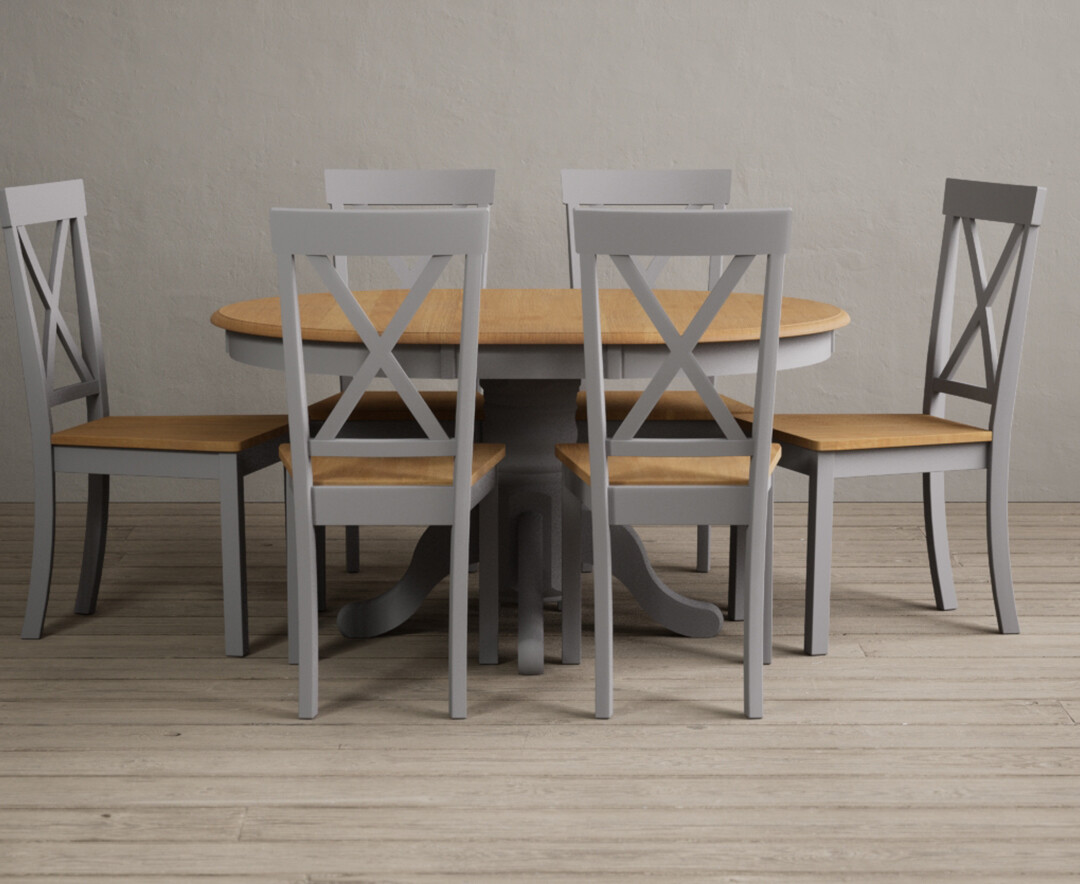 Extending Hertford 100cm 130cm Oak And Light Grey Painted Pedestal Dining Table With 6 Linen Hertford Chairs