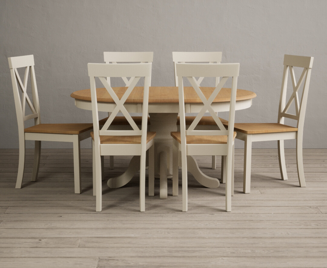 Hertford Oak And Cream Painted Pedestal Extending Dining Table With 6 Light Grey Hertford Chairs