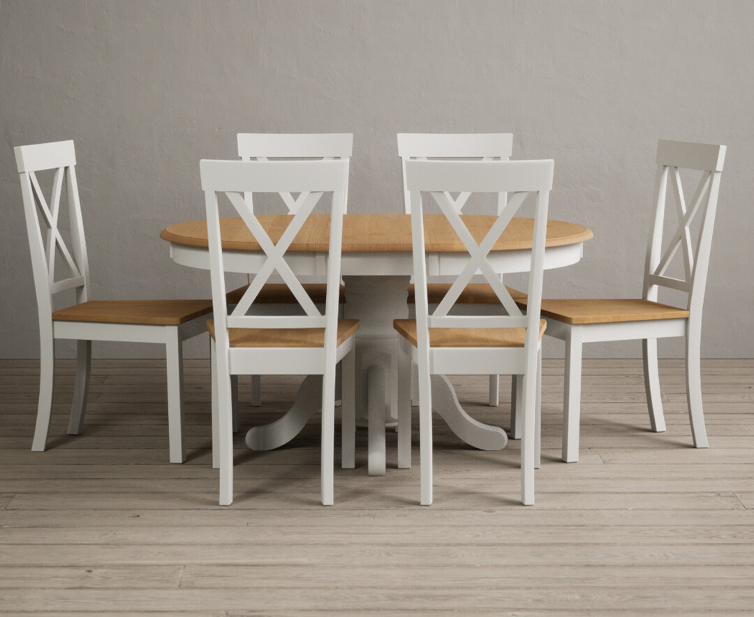 Extending Hertford 100cm 130cm Oak And Signal White Painted Pedestal Dining Table With 4 Linen Hertford Chairs