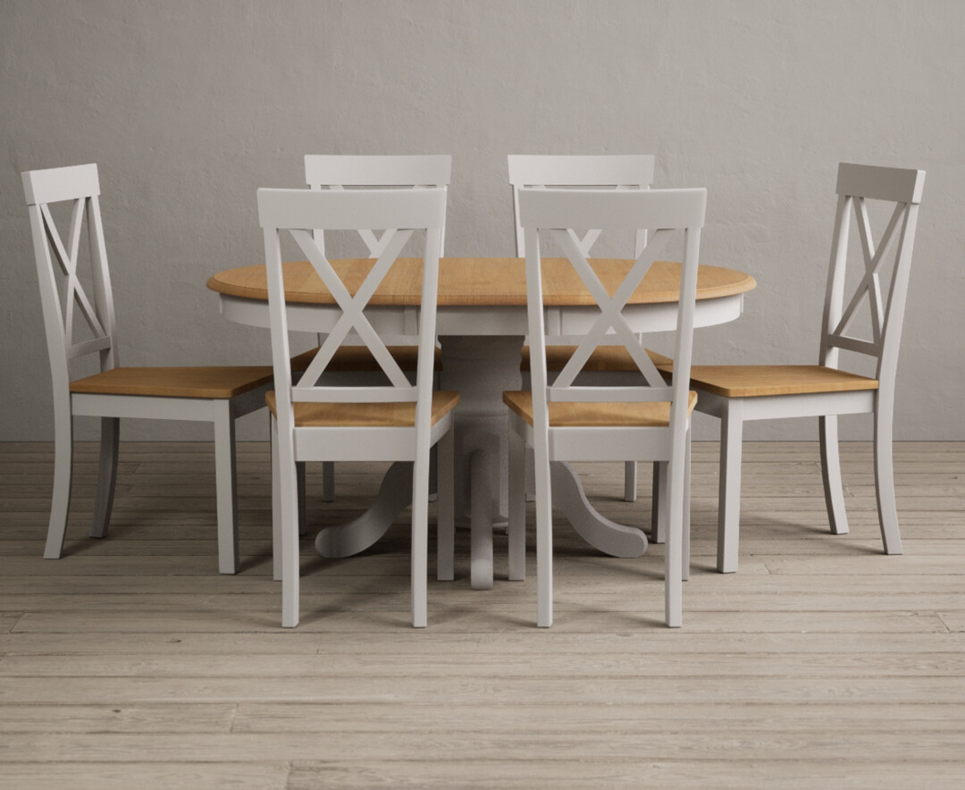 Extending Hertford 100cm 130cm Oak And Soft White Painted Pedestal Dining Table With 6 Charcoal Grey Hertford Chairs