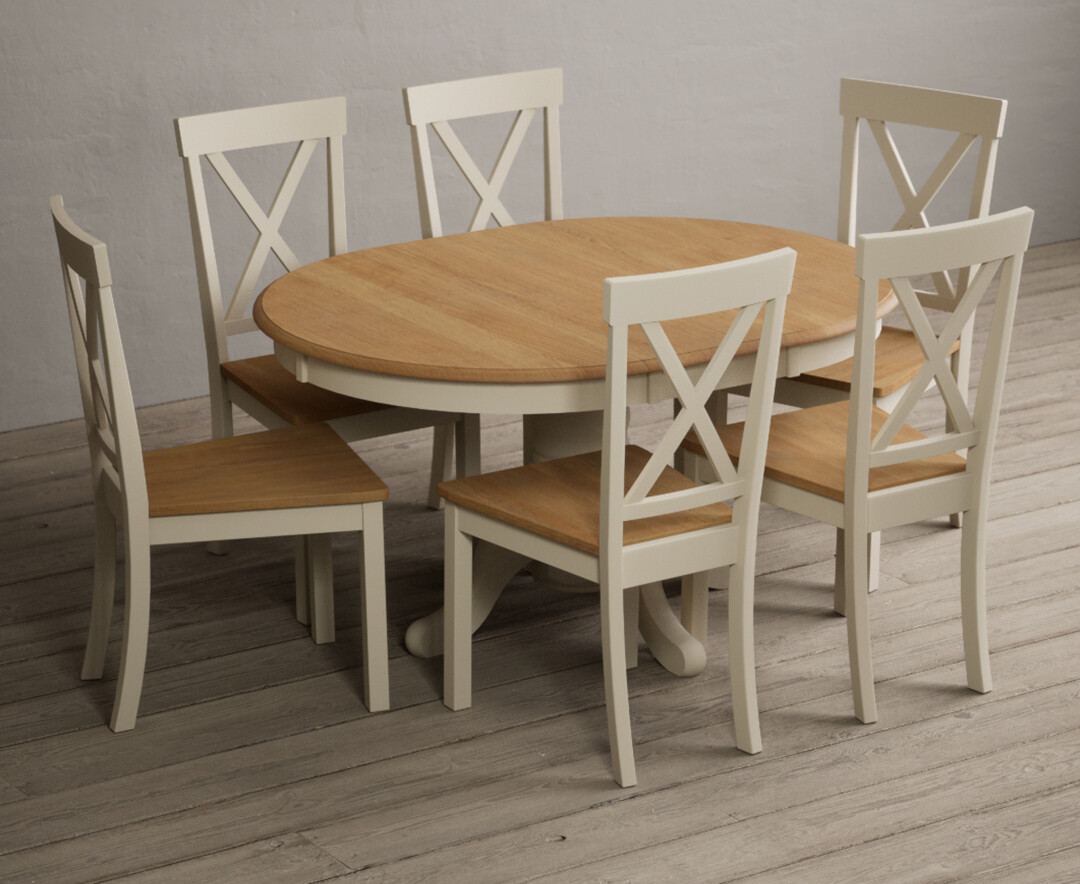 Photo 1 of Extending hertford 100cm - 130cm oak and cream painted pedestal dining table with 4 light grey hertford chairs