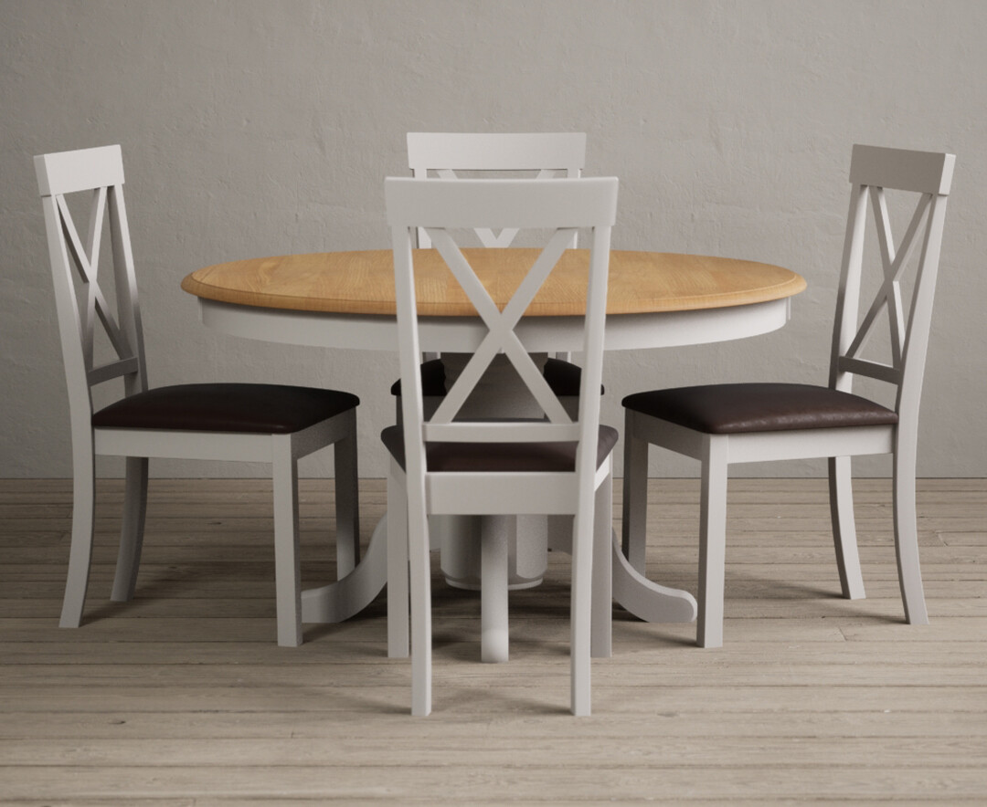 Photo 1 of Hertford 120cm oak and soft white painted round pedestal table with 6 light grey hertford chairs