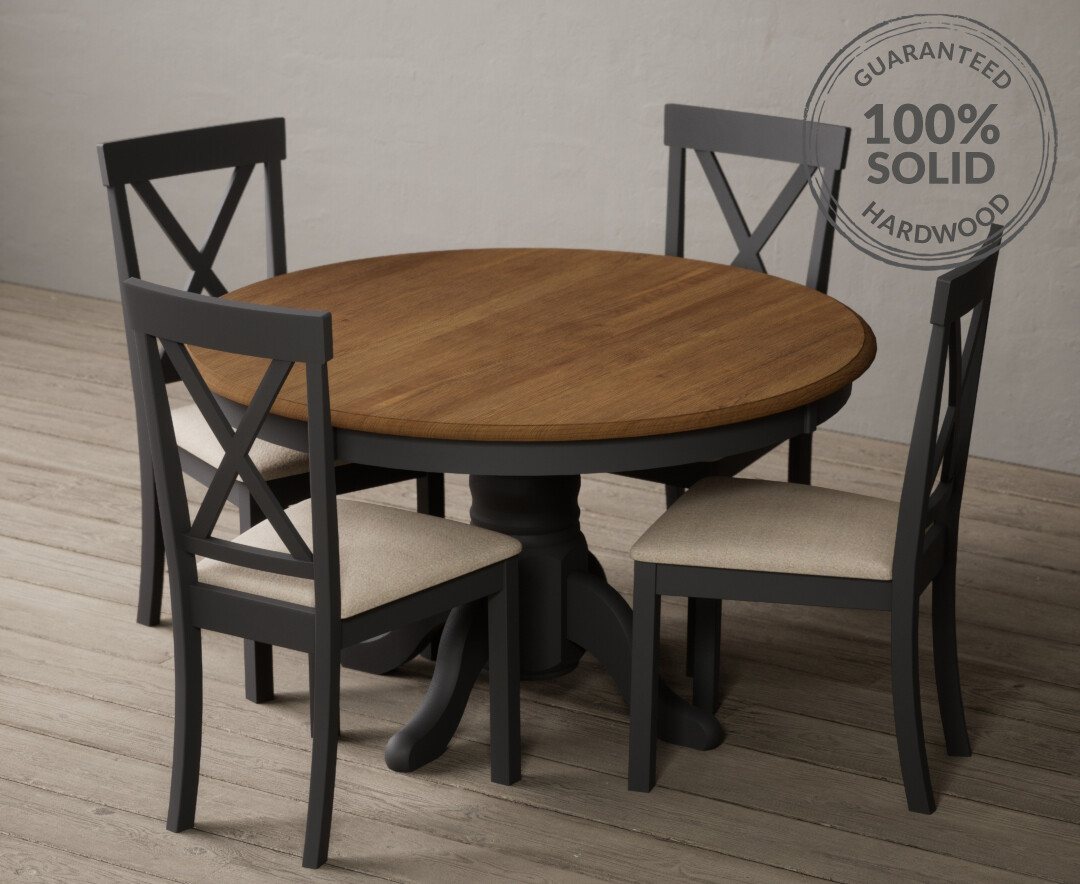 Photo 3 of Hertford 120cm fixed top oak and charcoal grey painted dining table with 6 blue hertford chairs