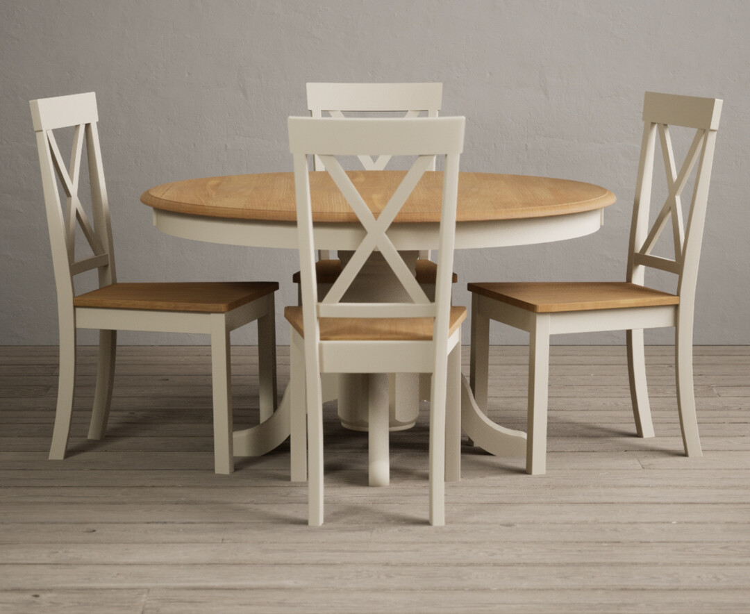 Hertford 120cm Fixed Top Oak And Cream Painted Dining Table With 6 Light Grey Hertford Chairs