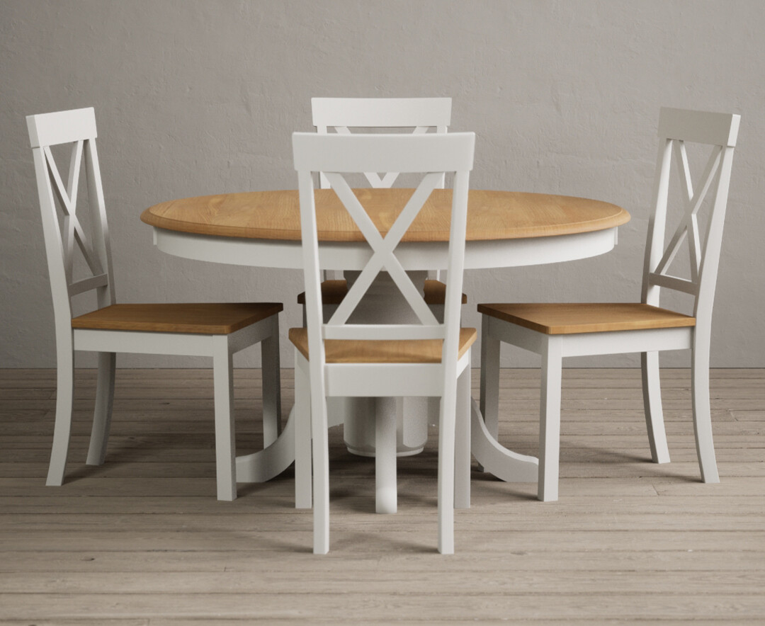 Hertford 120cm Fixed Top Oak And Signal White Painted Dining Table With 6 Blue Hertford Chairs