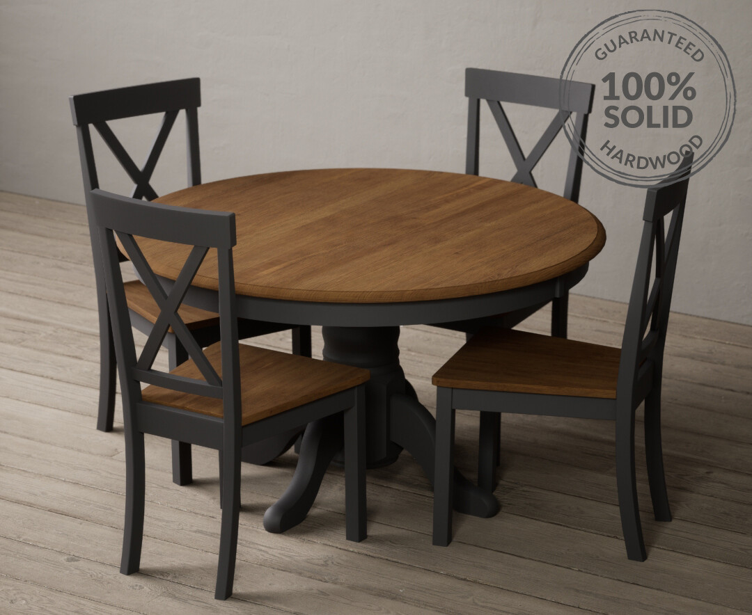 Photo 2 of Hertford 120cm fixed top oak and charcoal grey painted dining table with 4 light grey hertford chairs