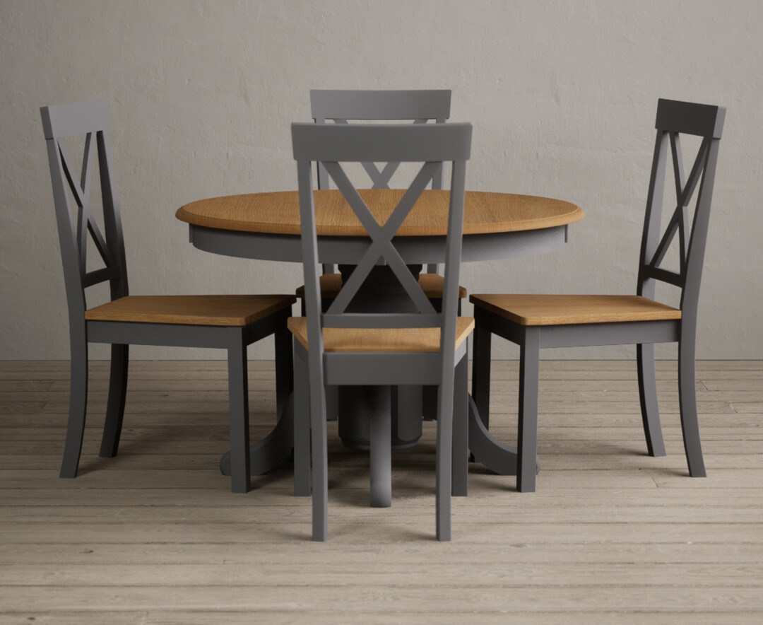 Photo 1 of Extending hertford 100cm - 130cm oak and mid grey painted pedestal dining table with 6 charcoal grey hertford chairs