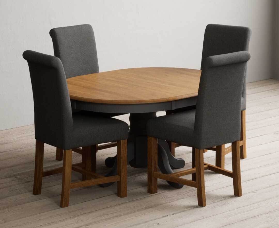 Photo 2 of Extending hertford 100cm - 130cm oak and charcoal grey painted pedestal dining table with 4 brown chairs