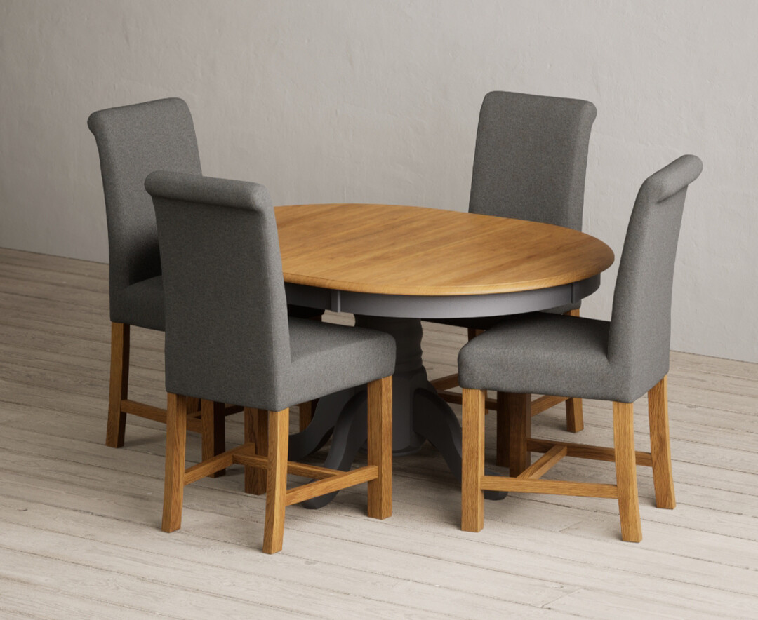 Photo 3 of Extending hertford 100cm - 130cm oak and charcoal grey painted pedestal dining table with 4 brown chairs