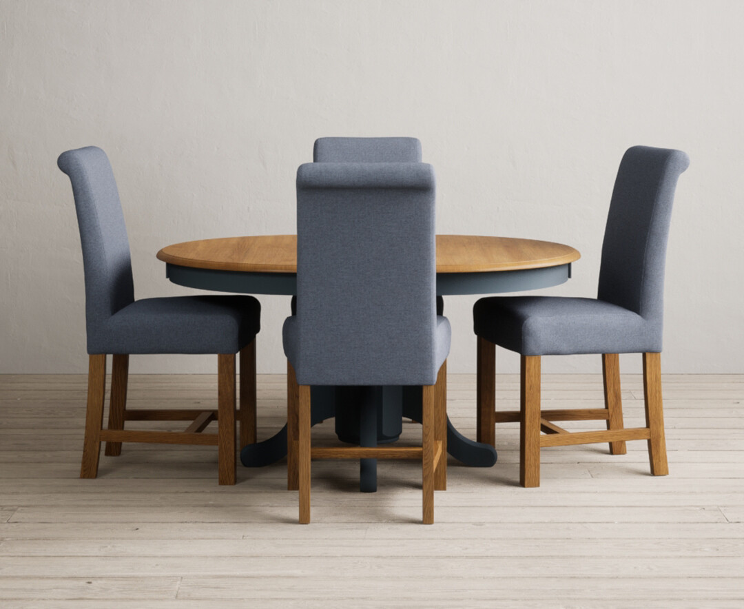 Photo 2 of Extending hertford 100cm - 130cm oak and dark blue painted pedestal dining table with 6 brown chairs