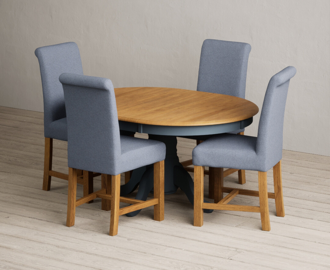 Photo 3 of Extending hertford 100cm - 130cm oak and dark blue painted pedestal dining table with 4 grey chairs