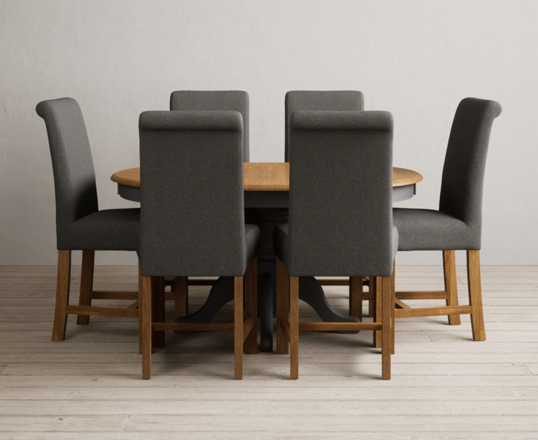Photo 1 of Extending hertford 100cm - 130cm oak and charcoal grey painted pedestal dining table with 4 brown chairs