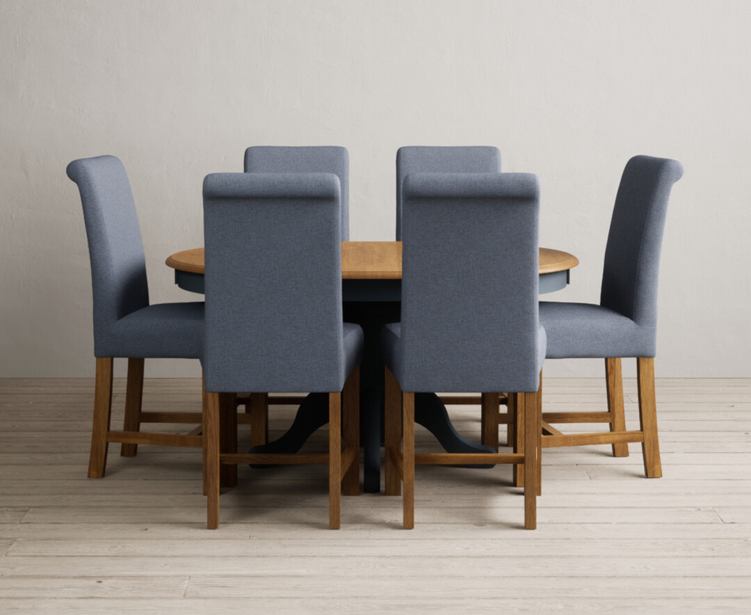 Photo 1 of Extending hertford 100cm - 130cm oak and dark blue painted pedestal dining table with 4 grey chairs